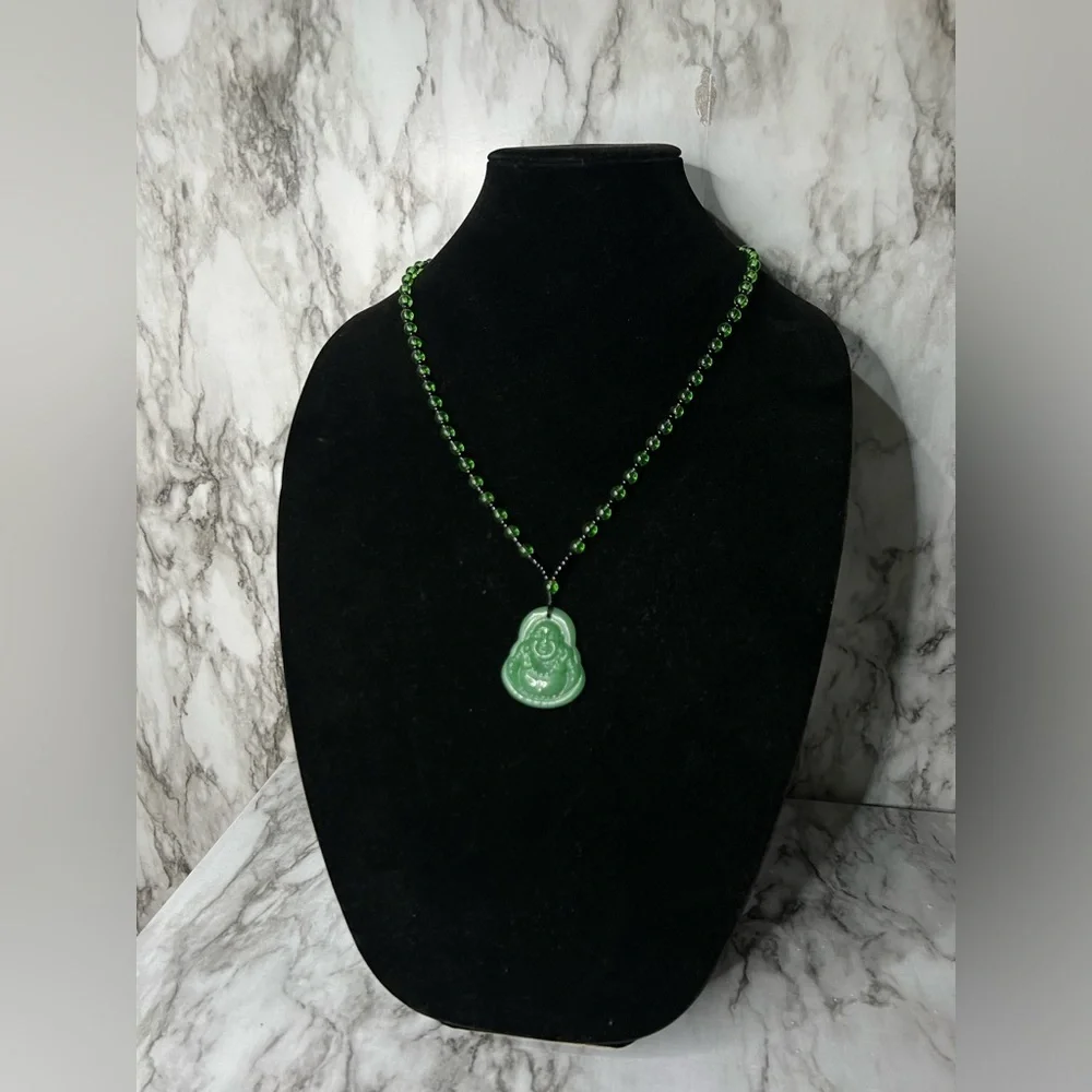 JADE Green Hand Carved Maitreya Buddah Pendant Necklace